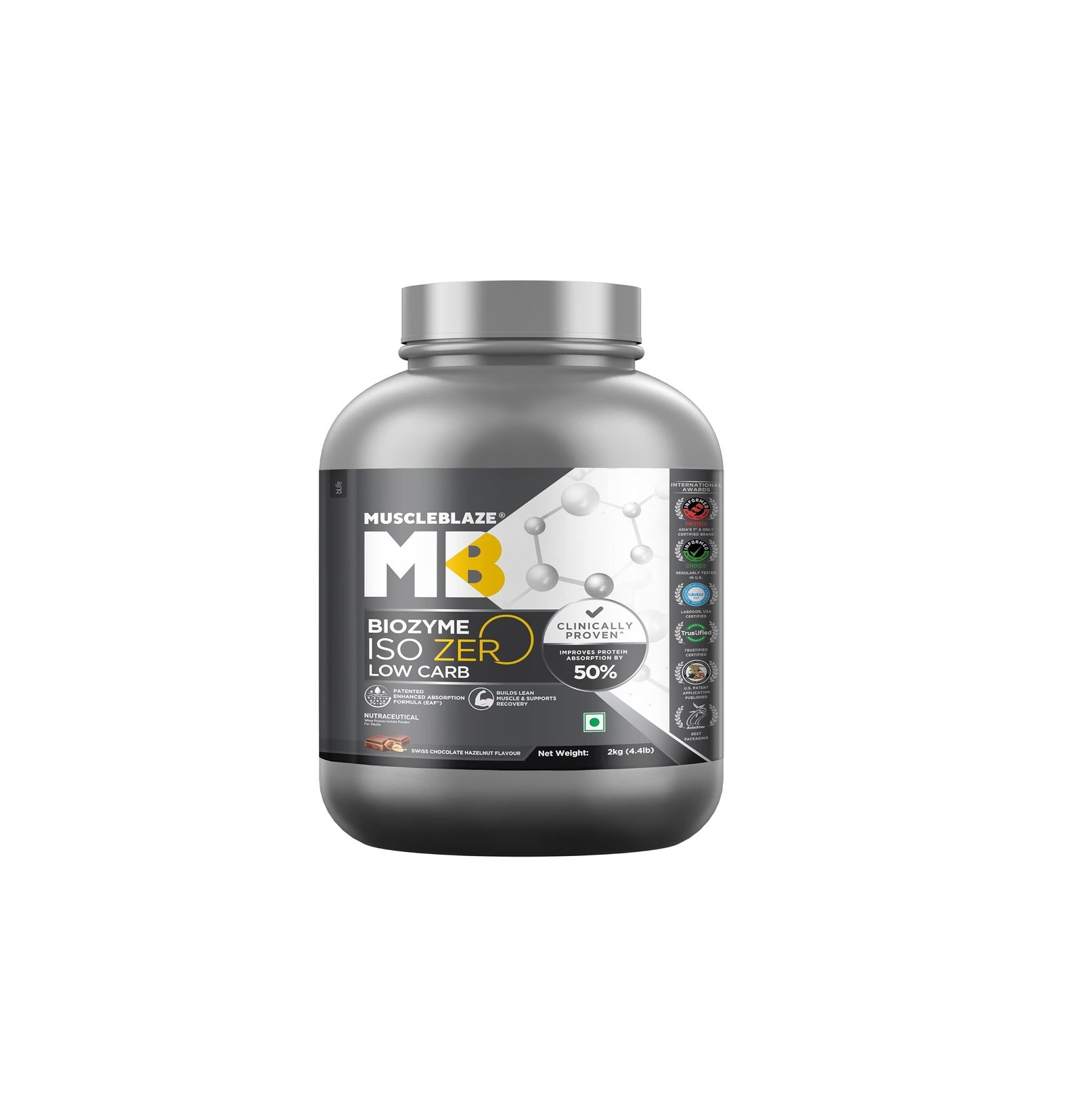 MuscleBlaze Biozyme Iso-Zero, Low Carb Whey Protein Isolate, 26.4g Isolate Whey Per Scoop (Swiss Chocolate Hazelnut, 2kg / 4.4lbs)