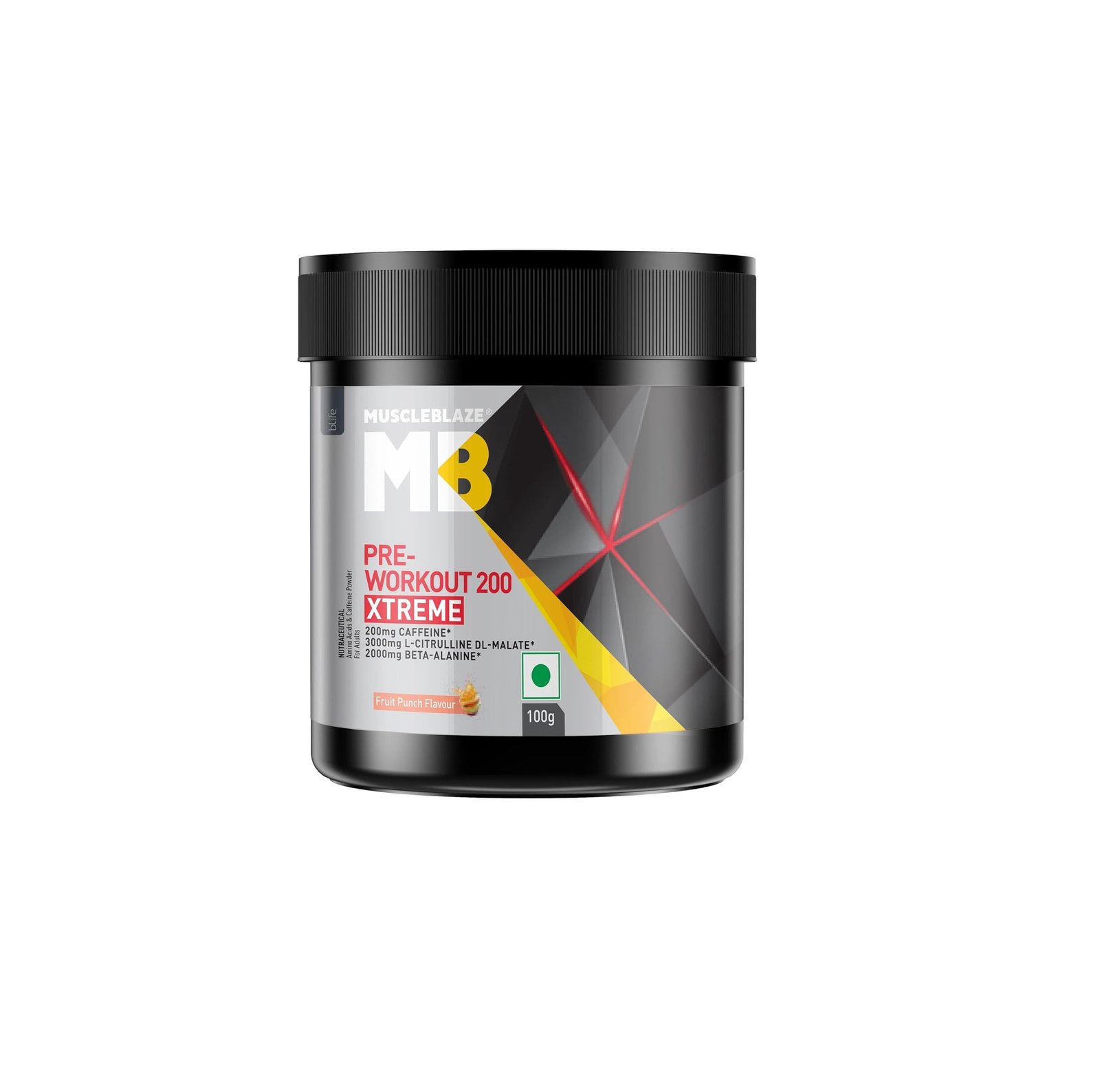MuscleBlaze Pre Workout 200 Xtreme (Fruit Punch, 15 Servings, 100g)