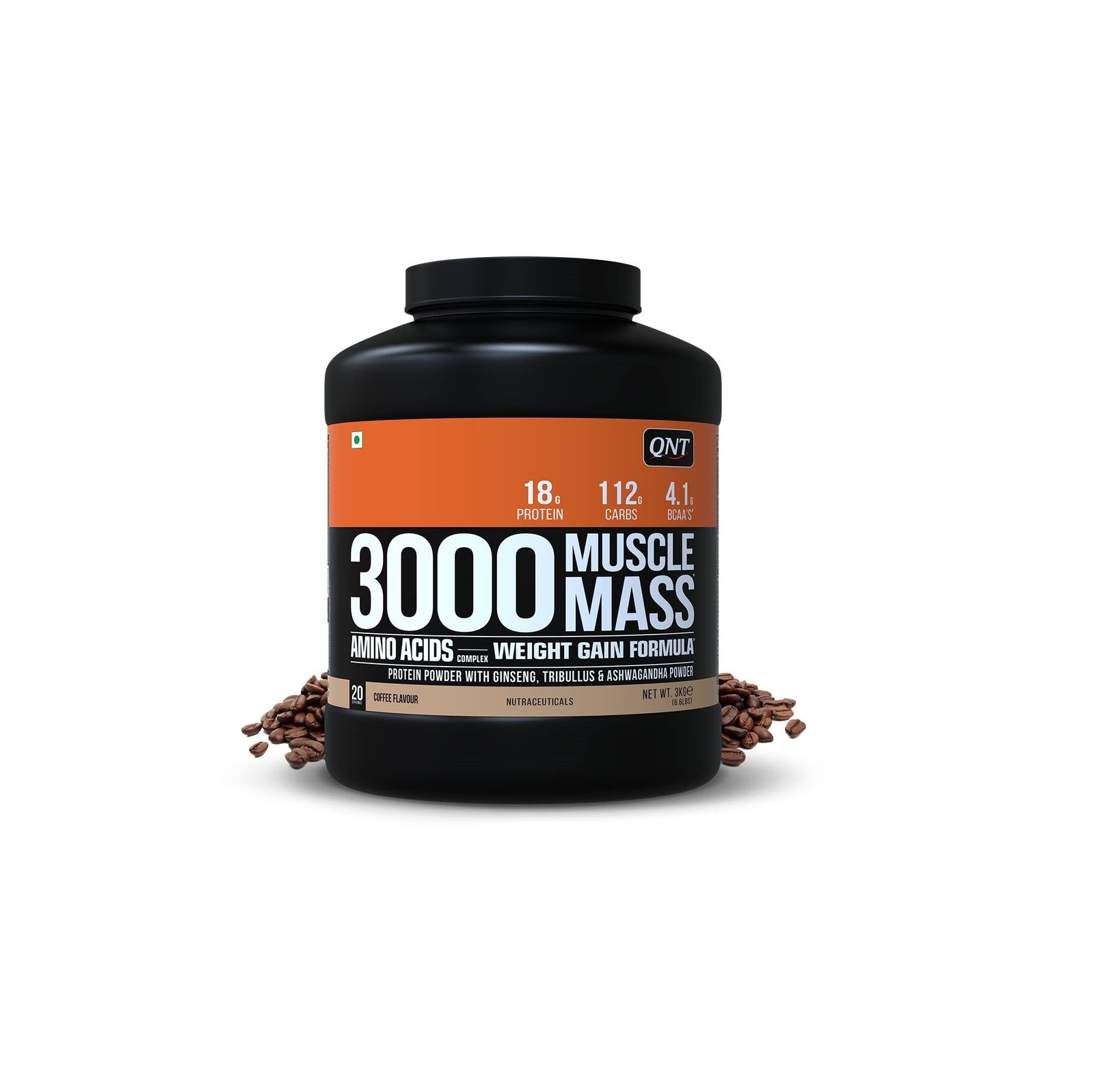 QNT 3000 Muscle Mass Weight Gainer | 18g Protein, 1.5g Creatine, 110g Carbs | 3Kg, Coffee