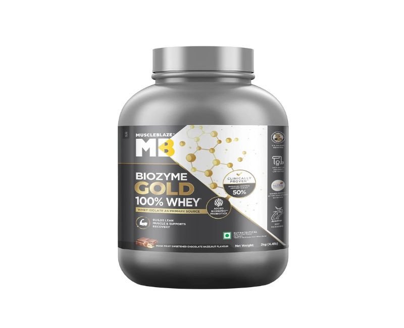 MuscleBlaze Biozyme Gold 100% Whey Protein (Monk Fruit Sweetened Chocolate Hazelnut, 2kg / 4.4 lb)