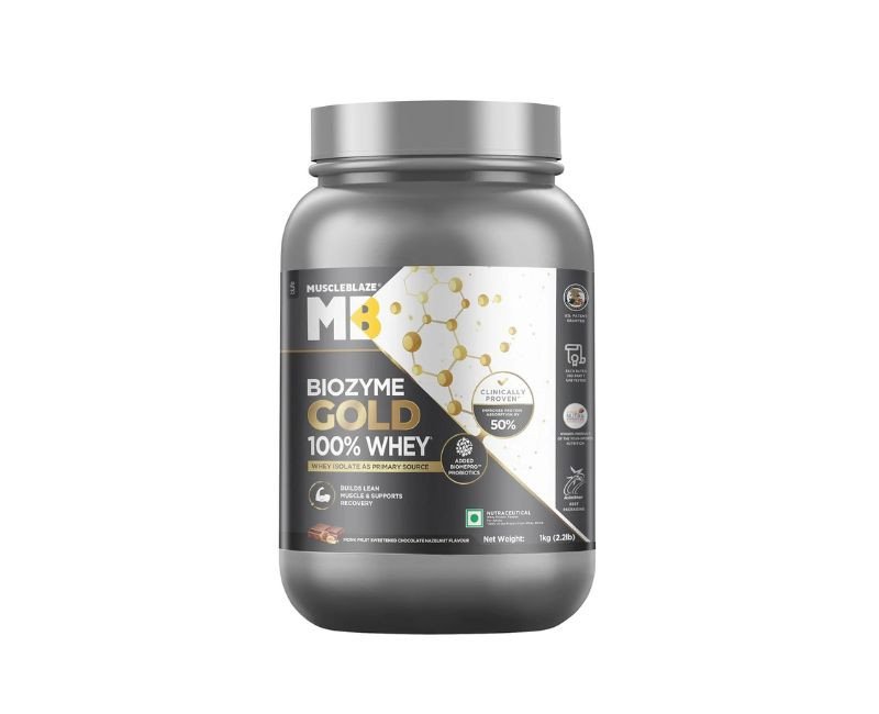 MuscleBlaze Biozyme Gold 100% Whey Protein (Monk Fruit Sweetened Chocolate Hazelnut, 1kg / 2.2 lb)