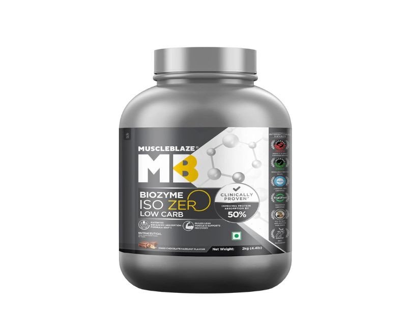 MuscleBlaze Biozyme Iso-Zero, Low Carb Whey Protein Isolate, 26.4g Isolate Whey Per Scoop (Swiss Chocolate Hazelnut, 2kg / 4.4lbs)