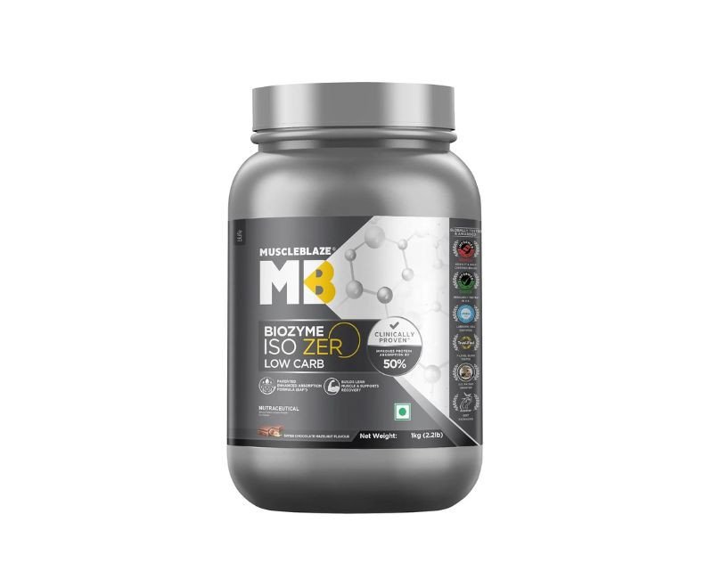 MuscleBlaze Biozyme Iso-Zero, Low Carb Whey Protein Isolate, 27g Isolate Whey Per Scoop (Swiss Chocolate Hazelnut, 1kg / 2.2lbs)